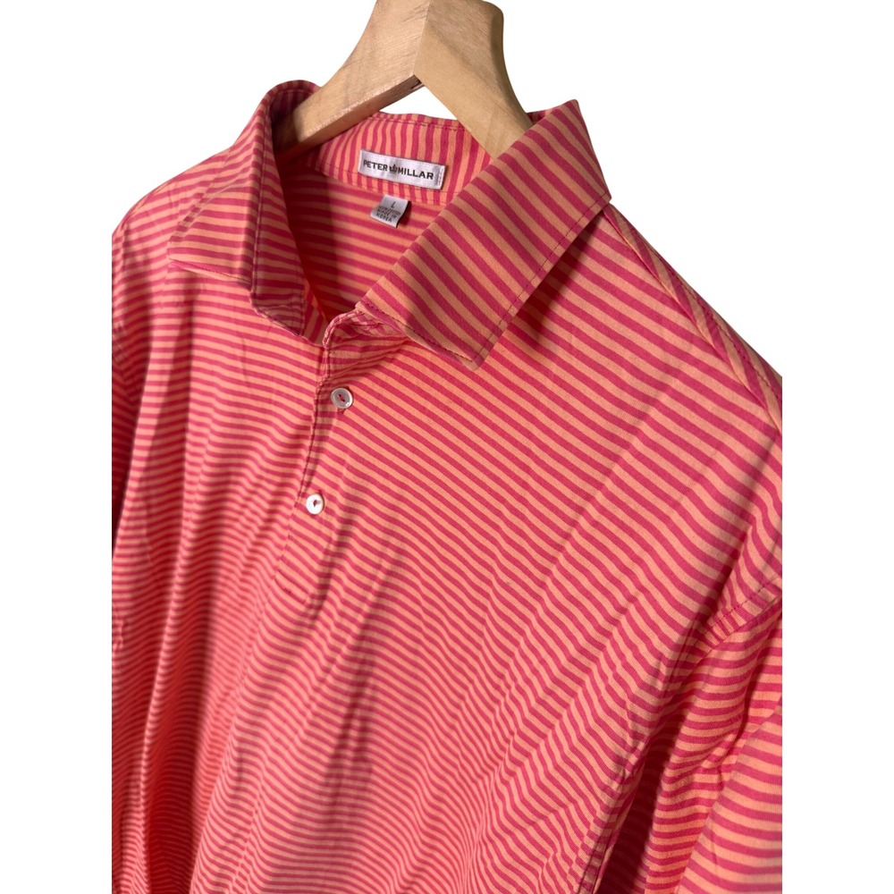 Peter Millar Mens L Pink Orange Striped Cotton Polo Shirt Prestonwood Logo